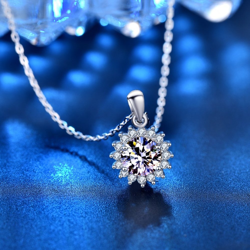 Certified 1ct. t.w. Diamond Moissanite Sunflower Halo Necklace NEW B - Picture 3 of 9